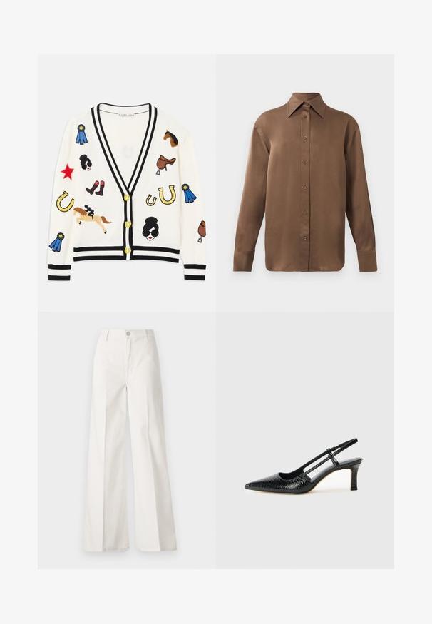 Cardigan blanc avec bordures noires, ornée de designs brodés colorés de chevaux, de récompenses et de figures. Le design inclut des bottes, des étoiles et des fers à cheval.; Chemise marron à manches longues avec un col et des poignets pointus, présentée sur un fond blanc uni.; Pantalons blancs à jambes larges en coton avec une texture douce. Comprend un bouton à l'avant, une fermeture éclair et un design à quatre poches.; Escarpin slingback en vernis noir avec un bout pointu, présentant un imprimé serpent texturé, une sangle réglable et un petit talon bloc texturé.