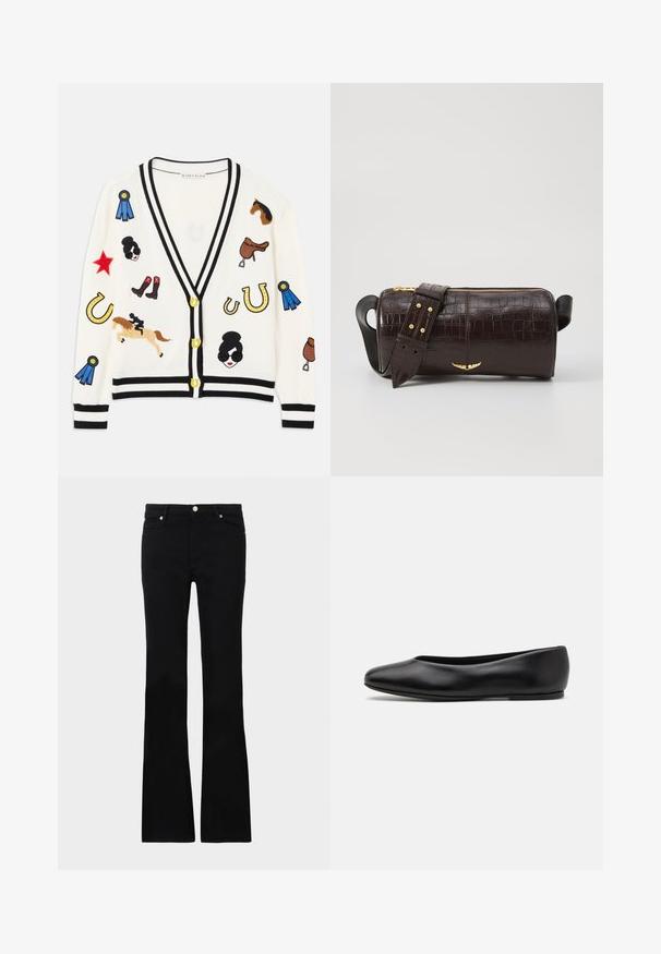 Weißer Cardigan mit schwarzem Besatz, der bunte bestickte Motive von Pferden, Auszeichnungen und Figuren zeigt. Das Design umfasst Stiefel, Sterne und Hufeisen.; Schwarze Bluse aus weichem Stoff, mit einem Schnürkragen und floralem Muster. Lange, puffige Ärmel und eine lockere Passform runden das Design ab.; Schwarze, ausgestellte Jeans aus Denim, ausgestattet mit zwei Fronttaschen, einem Knopfverschluss und einer glatten Oberfläche. Signatur-Nähte an den Nähten sichtbar.; Paul Smith TOPANGA - Klassischer Ballerina - black; Braune, krokodilgeprägte Lederhandtasche mit zylindrischer Form, goldfarbener Hardware und einem abnehmbaren Tragegurt mit Nieten.