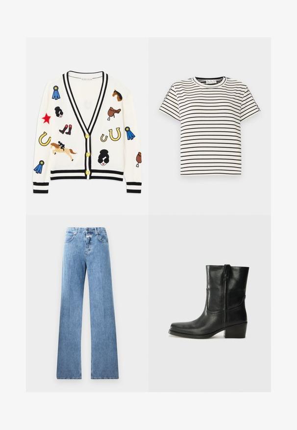 Cardigan blanc avec bordures noires, ornée de designs brodés colorés de chevaux, de récompenses et de figures. Le design inclut des bottes, des étoiles et des fers à cheval.; T-shirt en coton à manches courtes avec un col rond, présentant des rayures verticales noires sur un fond blanc et un design à coupe droite.; Jeans en denim bleu clair avec une coupe large, cinq poches, passants de ceinture et fermeture à bouton. Le tissu a une texture lisse.; Bottine en cuir noir avec un bout rond, un talon carré, une fermeture éclair sur le côté et des coutures décoratives sur l'empeigne. Texture lisse, design classique.