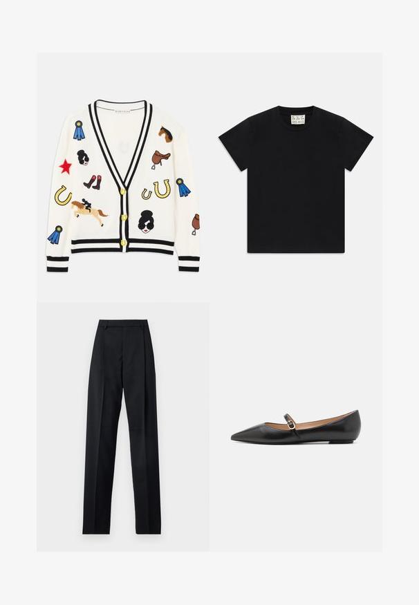 Valge kardigan musta äärisega, mis on kaunistatud värvikirevate tikanditega hobustest, auhindadest ja figuuridest. Kujunduses on ka saapad, tähed ja hobuserauad.; Must valge lühikeste varrukatega T-särk ümarast kaelusest mustal taustal, mille krae sees on valge silt, kus on kirjas "D.R.C. EST. 2002".; Mustad püksid siledast kangast, millel on kõrge vöökoht, laiad jalad, esimesed kortsud ja klassikalised vööloopid. Küljepockets pole nähtavad.; Musthave mustanahkased balletkingad terava varbaga ja külgrihmaga, millel on ümmargune kuldne aksessuaar. Kerged ja tasase tallaga.