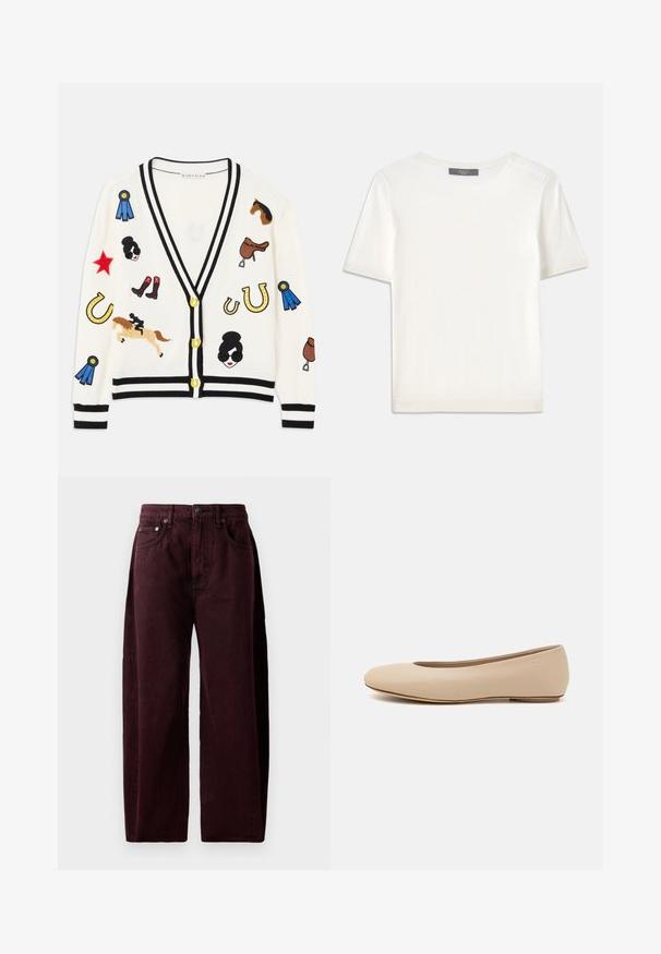 Cardigan alb cu detalii negre, având modele brodate colorate cu cai, premii și figurine. Designul include cizme, stele și potcoave.; Top tricotat alb cu mânecă scurtă, cu decolteu rotund, având o textură netedă și accente subtile cu nervuri la mâneci și la margine.; Jeansi largi burgundy din denim de bumbac, cu talie înaltă, buzunare frontale și cusături vizibile. Design clasic cu cinci buzunare.; Balerini din piele bej, cu vârful rotund, detalii de cusătură minime, toc mic și un logo subtil pe partea din spate. Textură netedă, mată.