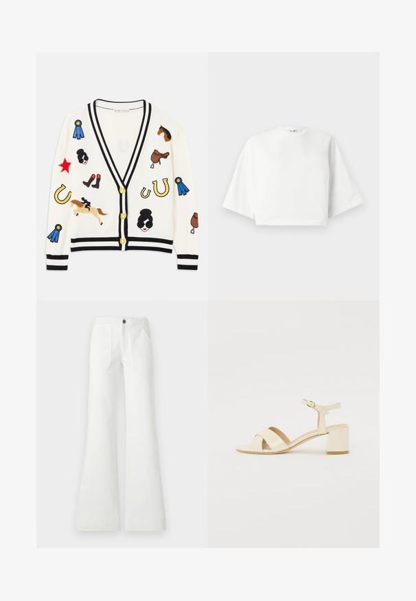 Cárdigan blanco con ribetes negros, que presenta coloridos diseños bordados de caballos, premios y figuras. El diseño incluye botas, estrellas y herraduras.; Camiseta blanca corta con ajuste relajado, mangas cortas y anchas, escote redondo y aberturas laterales, hecha de suave material de algodón.; Pantalones acampanados blancos hechos de tejido tejido, con una cinturilla trenzada, dos bolsillos frontales y una textura suave. Cerrados con un botón negro.; Sandalias de tacón de charol beige con diseño de tira cruzada, puntera abierta, correa ajustable en el tobillo y tacón cuadrado. Textura suave.