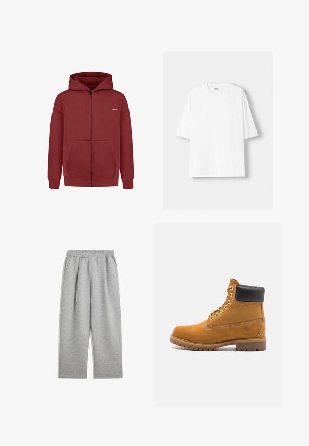 Rode rits hoodie gemaakt van katoenmix. Heeft een rits aan de voorkant, grote zakken, geribde mouwen en een capuchon met trekkoord.; Witte t-shirt met korte mouwen, gemaakt van katoen, met een ronde halslijn en een relaxte pasvorm. Gladde textuur, zonder zichtbare patronen of accenten.; Lichtgrijze sweats met elastische tailleband en zijzakken, rechte pijp, gemaakt van zacht materiaal.; Tan suède enkelboot met zwart gevoerd kraagje, gouden metalen oogjes, witte stikdetails en een robuuste rubberen zool met uitgesproken profiel.