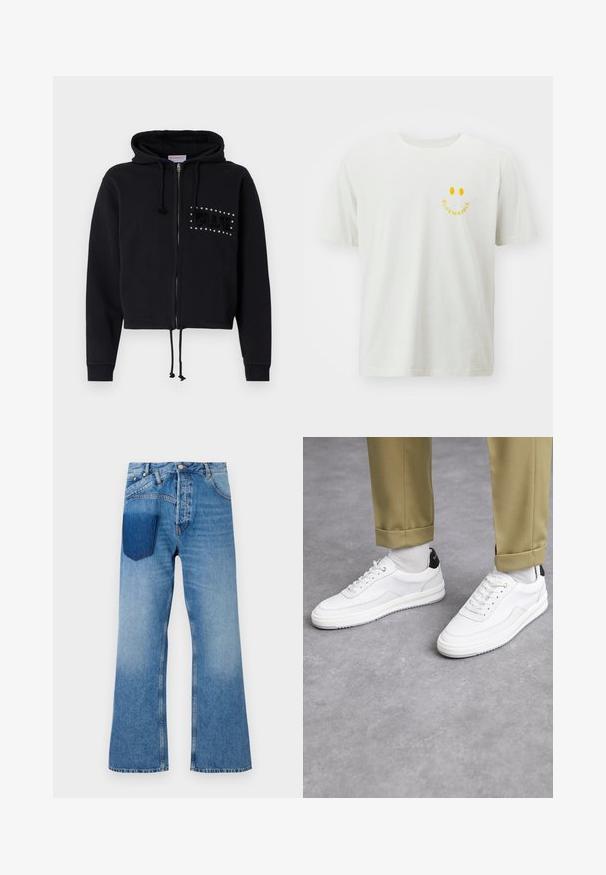 Černá zkrácená mikina s kapucí na zip, s nastavovacími šňůrkami a předními kapsami. Ozdobeno nápisem "BLUE" z korálků a plyšové textury na hrudi.; Bílá bavlněná tričko s grafikou žlutého usmívajícího se obličeje a textem "BLUE MARBLE" pod ním. Krátké rukávy a volný střih.; Modré denimové zvonové džíny s vysokým pasem, vybledlým praním a jednou tmavou náprsní kapsou na zadní straně. Viditelné švy a zapínání na knoflík.; Bílé tenisky s texturovaným koženým povrchem, zaoblenou špičkou a černým akcentem na patě. Gumová podrážka s malým vzorem a šitými detaily.