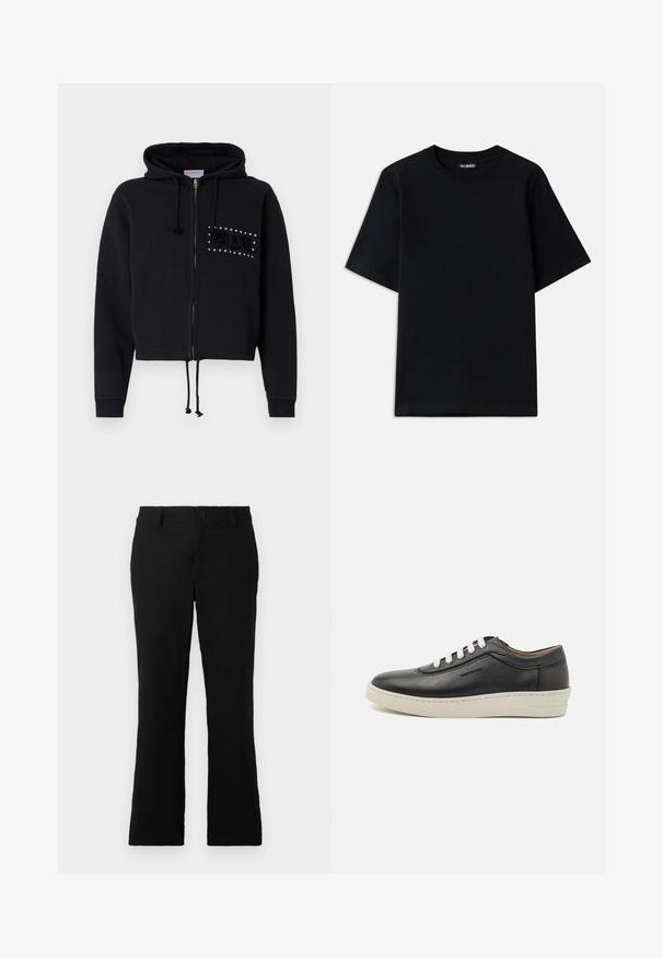 Fekete cropped kapucnis pulcsi, cipzárral, húzózsinórral ellátott kapucnival és elülső zsebekkel. A mellkason díszes "BLUE" gyöngyökből készült és puha textúrájú.; Fekete pamut póló klasszikus nyakkivágással és rövid ujjal. Diszkrét logó hímezve a bal mellen. Simább, sima felület.; Fekete, harang fazonú nadrág, pamut keverékből készült, gombos záródással, övhurkokkal és sima textúrával, látható minták nélkül.; Fekete bőr sportcipő fehér gumitalppal, kerek orral és lapos fűzőkkel, oldalsó varrás részletekkel és diszkrét logózással.