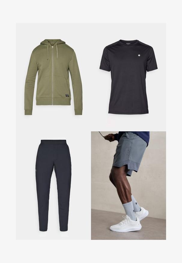 Olivovo zelená mikina na zips s kapucňou, dvomi prednými vreckami, rebrovými manžetami a etiketu v pravom dolnom rohu. Mäkkučká tkanina z bavlneného zmesi.; Čierne atletické tričko s krátkym rukávom vyrobené z hladkého, ľahkého materiálu. Obsahuje malú bielu logo značky na hrudi.; Čierne športové nohavice s hladkým povrchom, priliehavým strihom, elastickým pásom a bočnými vreckami. Obsahujú malé logo na ľavom stehne.; Biele atletické topánky s textúrovaným sieťovinovým zvrškom, v kombinácii so svetlomodrými rebrovanými ponožkami s logom. Šedé atletické šortky s perforovaným lemem.
