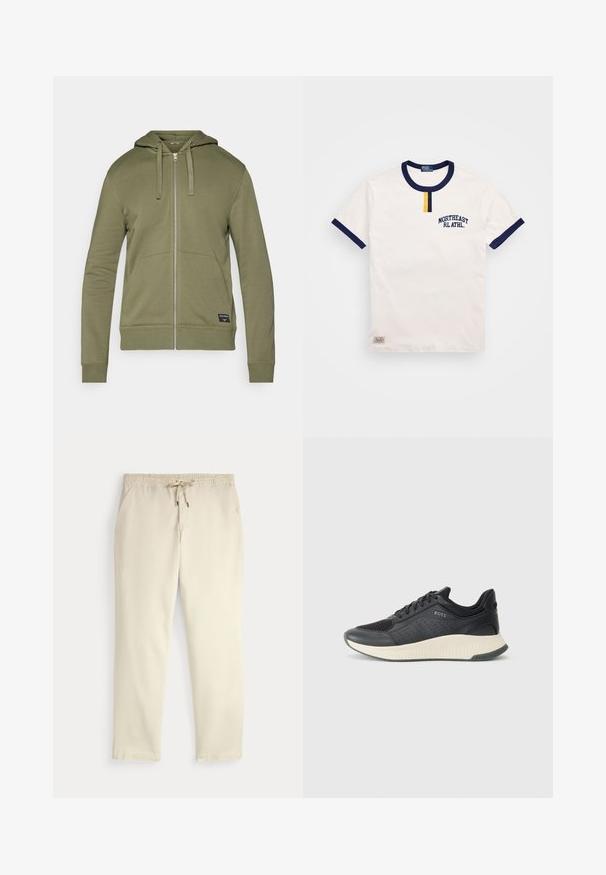 Corta-vento verde oliva com fecho e capuz, duas bolsos frontais, punhos canelados e uma etiqueta na parte inferior direita. Tecido macio em mistura de algodão.; Camiseta branca de algodão com decote redondo em azul marinho e acentos nas mangas. Apresenta um pequeno detalhe de botão amarelo e bordado "NORTHEAST RL ATHL."; Calças casuais off-white com cintura elástica e cordão, pernas retas e bolsos laterais, contra um fundo liso.; Sapatilha atlética preta com parte superior em malha com perfurações, uma entressola texturizada em creme e uma sola de borracha para tração.