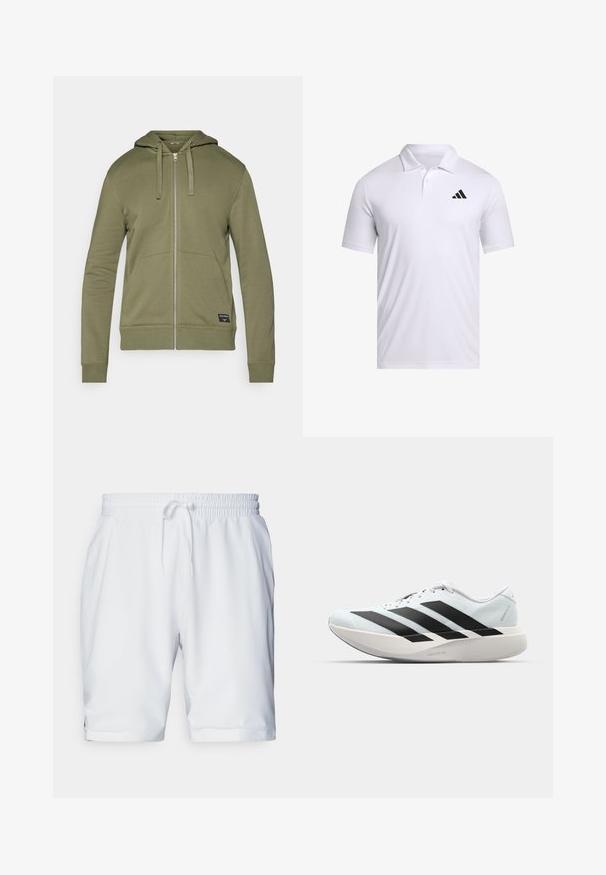 Olive green zip-up hoodie with a hood, two front pockets, ribbed cuffs, and a label on the bottom right. Soft cotton blend fabric.; White polo shirt made of breathable fabric with a collar, featuring short sleeves and a black Adidas logo on the left chest.; White athletic shorts with an elastic waistband and adjustable drawstring. Smooth fabric with a subtle texture, featuring side pockets.; Lightweight running shoes in pale blue with black stripes. Features a smooth upper, round toe, and thick white midsole labeled "LIGHTSTRIKE PRO."