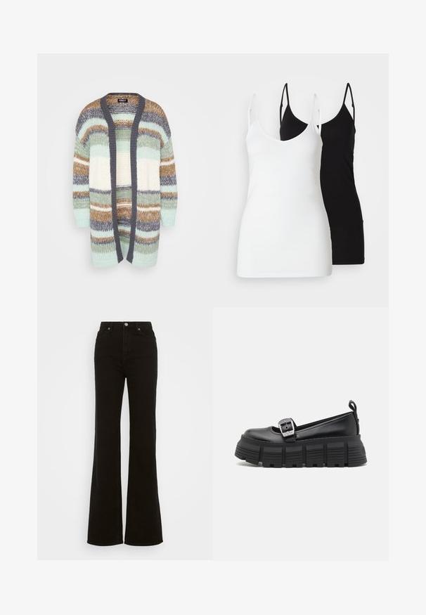 Adīta jaka ar horizontālām svītrām piparmētru zaļā, krēmkrāsā, brūnā un pelēkā krāsā. Atvērts priekšpuses dizains ar kontrastējošām pelēkām malām un trīs ceturtdaļu piedurknēm.; Divas divi sieviešu topi: viens balts, otrs melns, izgatavots no mīkstas auduma, ar plānām siksnām un dziļu V veida kakla izgriezumu.; Augstas jostas melni izplūduši džinsi, kas izgatavoti no denima, ar pogu aizdari, sānu kabatām un gludu tekstūru.; Melni platforma loafers ar noapaļotu purngalu, gludu ādas virsu, regulējamu sprādzi un teksturētu gumijas zoli ar horizontālām ribām.