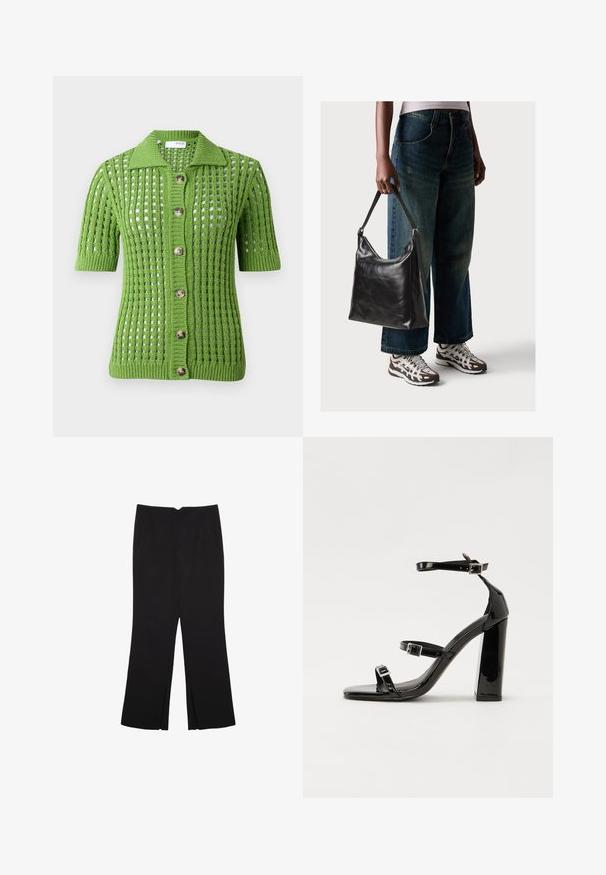Zelený pletený kardigán s golierom, krátkymi rukávmi, otvoreným vzorom a piatimi veľkými hnedými gombíkmi na prednej strane.; Čierny krátky rukáv top vyrobený z hladkej tkaniny; má prehnutý výstrih a asymetrický lem, s priliehavým telom.; Čierne nohavice so strihom rovného strihu, s prednými vreckami a bočnými rozparkami na leme. Vyrobené z mäkkej, hladkej tkaniny. Vhodné na rôzne príležitosti.; Čierne lakované sandále na podpätku so štvorcovou špičkou, navlečenými remienkami okolo členku a striebornými prackami. Disponujú masívnym blokovým podpätkom pre stabilitu.; Čierna kožená taška cez rameno s hladkou textúrou a nastaviteľným popruhom, skombinovaná s vyblednutými širokými džínsy a športovými teniskami.