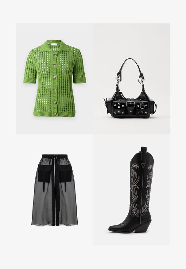 Cárdigan de punto verde con diseño de cuello, mangas cortas, patrón de calados y cinco grandes botones marrones en la parte delantera.; Camisa negra de botones con mangas abullonadas y transparentes, y un tejido texturizado. Presenta un collar y una tapeta de botones en el delantero.; Falda negra transparente con una cinturilla fruncida, que presenta dos grandes bolsillos frontales, un lazo en la cintura y un acento metálico circular.; Botas de cowboy de cuero negro con puntas afiladas, tacones cuña y patrones florales bordados en plata a lo largo del caña. Costuras en contraste por toda la bota.; Bolso de mano de cuero negro con un diseño curvado, que cuenta con tachuelas plateadas, una hebilla y dos bolsillos laterales. Correa ajustable para opciones de transporte.