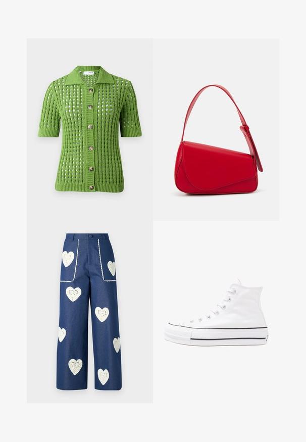 Zöld kötött kardigán, galléros kialakítással, rövid ujjak, lyukacsos minta és öt nagy barna gomb a fronthoz.; Virágmintás blúz hosszú puffos ujjakkal, világos krém alapon, lila, narancs és zöld virágmintázattal, klasszikus gallér dizájnnal.; Sister Jane HEART TO HEART - Egyenes szárú farmer - blue denim; Fehér magaskorsó vászon sportcipő fekete gumi talppal, elülső gumi orrnyereggel és hat fűzőlyukkal, letisztult, minimalista dizájnnal.; Piros bőr kézitáska szögletes, geometrikus kialakítással. Egy állítható pánttal és varrott részletekkel ellátott fedélzárral rendelkezik.