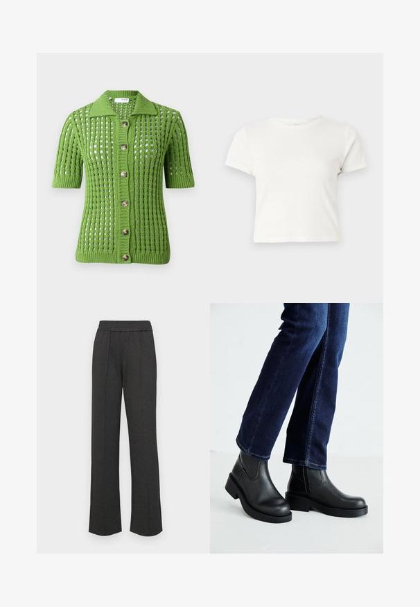 Žalia mezginė kardiganas su apykakle, trumpomis rankovėmis, atviru raštu ir penkiais dideliais rudais mygtukais priekyje.; Trumpa balta medvilnės marškinėliai su trumpomis rankovėmis, apvaliu kaklu ir tiesiu hemu, pasižyminti lygiu tekstūriu ir minimaliu dizainu.; Juodos tiesios kojos kelnės su elastine juosta, priekiniais raukiniais, minkšta medžiaga ir be matomų raštų ar aparatinės įrangos detalių.; Juoda odinė kulkšninių botų su storu padu ir šoninėmis elastinėmis detalėmis, derinama su tamsiai mėlynomis džinsais. Žemė šviesios spalvos.