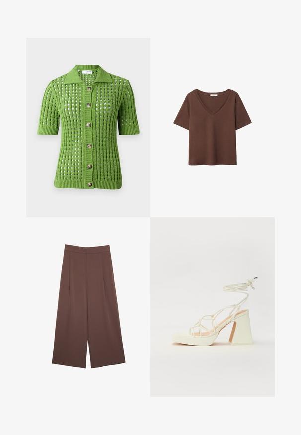 Zeleno pleteno kardigan s ovratnikom, kratkimi rokavi, odprto mrežno vzorcem ter petimi velikimi rjavimi gumbi spredaj.; Rjava bombažna majica s kratkimi rokavi in globokim V-izrezom. Preprost dizajn, mehak material in raven rob. Brez vzorcev ali dekorativnih elementov.; Rjave široke hlače z gladko teksturo, ki imajo visok pas in sprednje naborke. Tkanina je lahka in prosto pada.; Bela sandala na visokih petah s debelim petam, ki ima obliko trakcev in vezanje okoli gležnja. Gladka tekstura z platformo spredaj za dodatno višino.