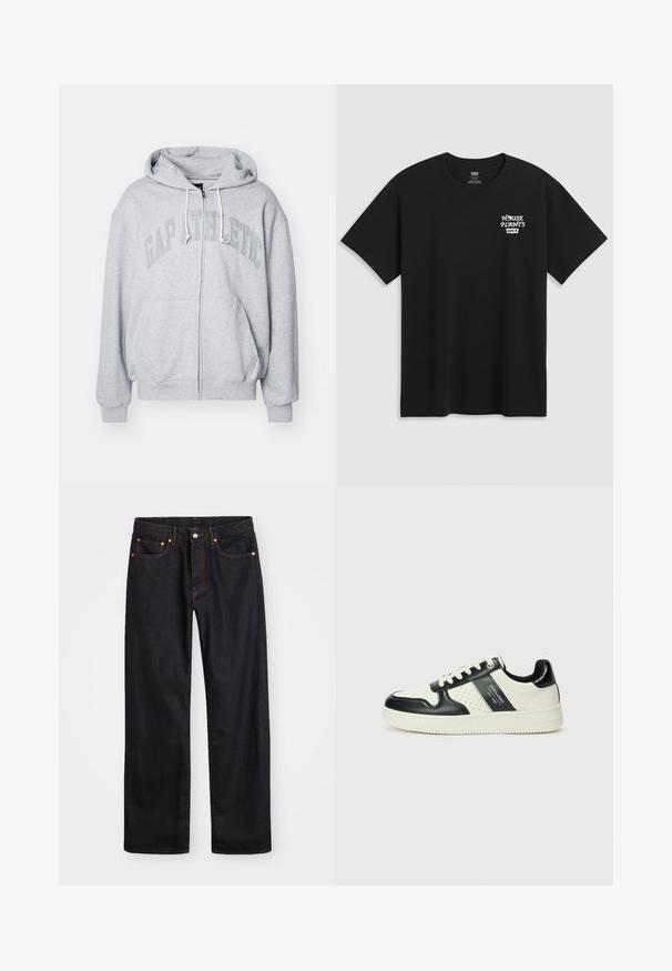 GAP Sweat à capuche - grey heather; T-shirt noir en coton avec un imprimé sur la poitrine portant la mention "PLANTES D'INTÉRIEUR" en police stylisée blanche, avec "Levi's" en dessous. Encolure classique. ; Jean en denim noir pour hommes, coupe droite, avec cinq poches et surpiqûres orange, fermeture par bouton et zip à la taille avant.; Baskets en cuir avec un schéma de couleurs noir et crème, dotées d'accents perforés, d'un col rembourré et d'une semelle texturée.