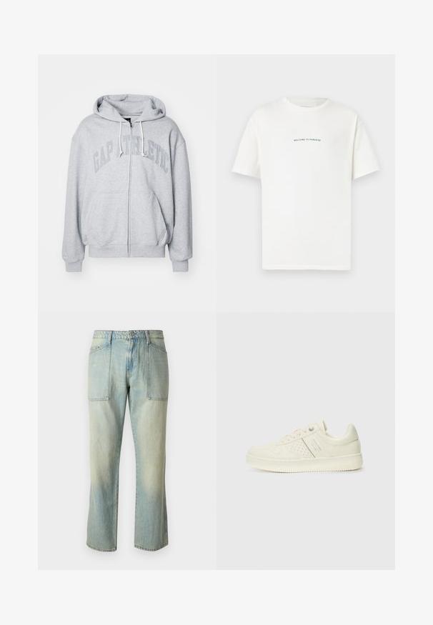 GAP Hoodie - grey heather; White cotton t-shirt with short sleeves and a crew neck. Centered text reads "WELCOME TO PARADISE" in a curved green font.; Light blue denim jeans with a straight leg cut, visible stitching, and two large front pockets. The fabric has a faded texture.; Cream-colored sneaker with perforated detailing, laces, and logo on the side, displayed against a plain white background.