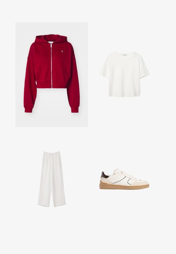 Calvin Klein Jeans BADGE ZIP THROUGH - Mikina so zipsom - red currant; Biela krátkopsová tričko vyrobené z bavlny. Má okrúhly výstrih a voľný strih. Hladká textúra bez viditeľných vzorov alebo akcentov.; Biele široké nohavice vyrobené z ľahkej tkaniny. Obsahujú elastický pás so sťahovacou šnúrkou a bočné vrecká. Hladká textúra.; Stradivarius Tenisky - white