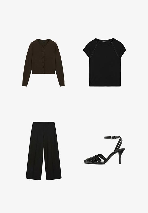 Brun cropped cardigan, strikket tekstur, rund halsudskæring, frontknaplukning med sorte knapper, lange ærmer, ribbet talje og manchetter.; Sort kortærmet top med rund halsudskæring og kontrastfarvet hvid syning langs skuldre og sider. Blødt, glat stof.; Sorte vide bukser lavet af blødt stof, med høj talje og plisseringer, der har en glat tekstur og ingen synlige dekorationer.; Sorte læder højhælede sandaler med ankelrem, der har vævede remme over tæerne, en glat finish og en spids silhuet.