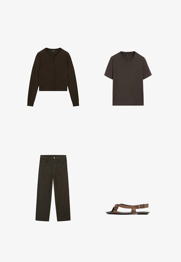 Hnědý zkrácený cardigan, pletená textura, kulatý výstřih, přední zapínání na knoflíky s černými knoflíky, dlouhé rukávy, ribovaný pas a manžety.; Tmavě hnědé tričko s krátkým rukávem vyrobené z bavlny. Má kulatý výstřih a volný střih, bez viditelných vzorů nebo akcentů.; Tmavě zelené široké džínsy vyrobené z bavlněné směsi, s předním zapínáním na knoflík, pěti kapsami a klasickým denimovým stehem.; Hnědá kožená sandál s otevřenou špičkou a bočními výřezy. Obsahuje kotníkový pásek s kovovou sponou a plochou podrážku.