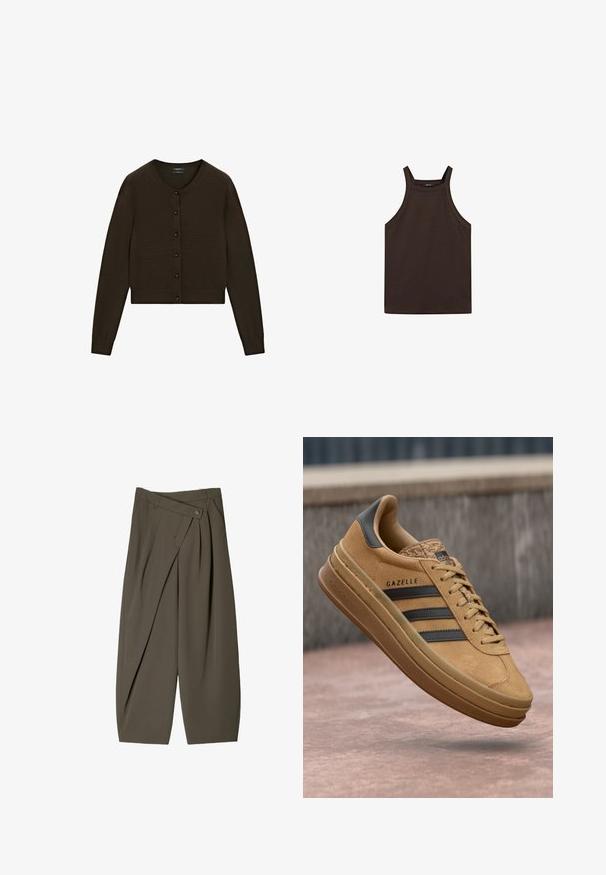 Bruine, cropped cardigan met gebreide textuur, ronde hals, sluiting met knopen aan de voorkant met zwarte knopen, lange mouwen, geribbelde tailleband en manchetten.; Massimo Dutti HALTER NECK - Top - dark brown; Ruime broek in donkergroen stof, met een geplooide voorkant, een knoopsluiting en een gepolijste, gestructureerde afwerking.; Tansuede sneakers met een gladde textuur, voorzien van drie donkere strepen, een ronde neus en een dikkere zool met een gemarmerde rand.