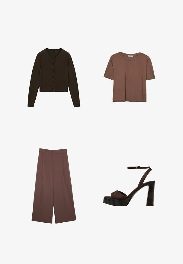 Cardigan corto marrone, texture lavorata a maglia, scollo rotondo, chiusura frontale con bottoni neri, maniche lunghe, orlo e polsini a costine.; Maglietta a maniche corte marrone realizzata in tessuto morbido, con scollatura rotonda e vestibilità rilassata. Nessun motivo o dettaglio visibile.; Pantaloni ampi marroni con una texture liscia, caratterizzati da una vita alta e pieghe frontali. Il tessuto è leggero e scorre liberamente.; Sandal in camoscio marrone con tacco alto, punta aperta, cinturino alla caviglia regolabile e suola a piattaforma striata.