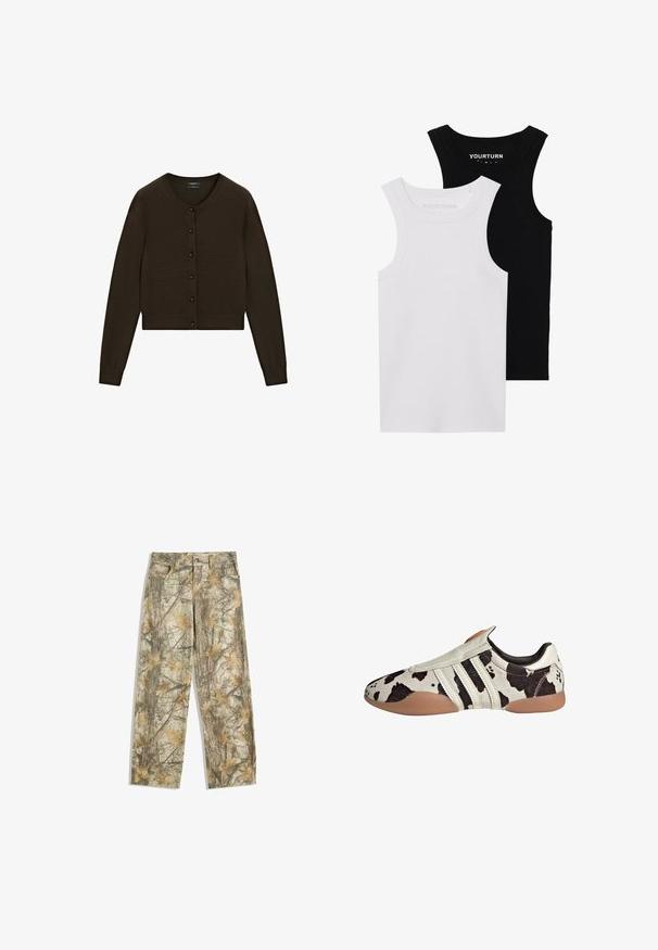 Brązowy krótki kardigan, dzianinowa tekstura, okrągły dekolt, zapinanie na guziki z przodu z czarnymi guzikami, długie rękawy, ściągacze w pasie i przy mankietach.; Dwa dopasowane topy na ramiączkach w kolorze czarnym i białym. Wykonane z prążkowanej bawełny, mają szerokie ramiączka i zaokrąglone dekolty. Logo na kołnierzu.; Spodnie w kamuflażu z wielotonowym zielonym i brązowym liściastym wzorem, z klasycznym pięciokomorowym krojem i luźnym fasonem.; Czarno-białe skórzane buty w wzory z teksturowanym wykończeniem, z trzema białymi poziomymi paskami i brązową gumową podeszwą.