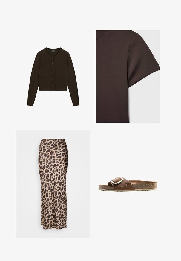 Cardigan court marron, texture tricotée, col rond, fermeture à boutons sur le devant avec des boutons noirs, manches longues, taille et poignets côtelés.; T-shirt court à manches courtes de couleur brun foncé, fabriqué en matériau lisse et extensible, avec un col rond classique et des détails de couture soignés.; Jupe midi en satin lisse à imprimé léopard. Présente une silhouette ajustée avec une légère fente à l'ourlet pour le mouvement. Couleurs beige et marron neutres.; Sandale à semelle en cuir marron avec une large sangle, un accent de boucle en métal et une semelle en liège profilée sur une semelle en caoutchouc texturée.