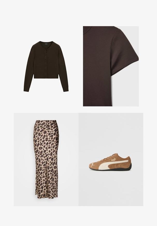 Brun kortärmad cardigan, stickad textur, rund halsringning, framknäppning med svarta knappar, långa ärmar, ribbade midja och manschetter.; Mörkbrun kortärmad t-shirt gjord av ett mjukt, elastiskt material, med en klassisk crew-halsringning och rena sömnadsdetaljer.; Leopardmönstrad midikjol i slätt satinmaterial. Har en figurnära silhuett med en liten slits i fållen för rörelse. Neutral beige och brun.; Bruna mockaskinn låga sneakers med krämfärgade detaljer, texturerad yta, svart gummisula och broderad logotyp på sidan och tungan.