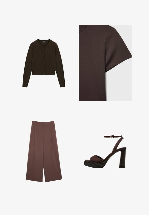 Brown cropped cardigan, knitted texture, round neckline, front button closure with black buttons, long sleeves, ribbed waistband and cuffs.; Dark brown short-sleeve t-shirt made from smooth, stretchy material, featuring a classic crew neckline and clean stitching details.; Brown wide-leg trousers with a smooth texture, featuring a high waist and front pleats. The fabric is lightweight and flows loosely.; Brown suede high-heeled sandal with an open toe, adjustable ankle strap, and a striped platform sole.