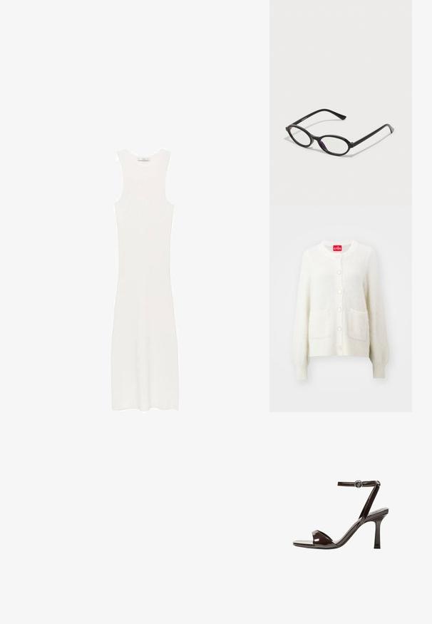 Biały puszysty kardigan z okrągłym dekoltem, przednimi kieszeniami i sześcioma guzikami przypominającymi perły na teksturowanej listwie. Miękki, lekki materiał.; Biała, bezrękawnikowa sukienka z prążkowanego dzianiny o dopasowanym kroju, sięgająca poniżej kolan. Prosty i minimalistyczny design, bez wzorów i dodatków.; Brązowe lakierowane skórzane sandały na wysokim obcasie z paskiem wokół kostki, otwartym noskiem i eleganckim, minimalistycznym designem. Posiadają kwadratowy obcas.; Czarne okulary w owalnej oprawie z przezroczystymi fioletowymi akcentami na soczewkach. Oprawki mają matowe wykończenie oraz smukłe, proste zauszniki.; Woven straw handbag o zaokrąglonym kształcie, z gładkim czarnym skórzanym paskiem oraz dopasowaną małą sakiewką przypiętą na pasku na nadgarstek.