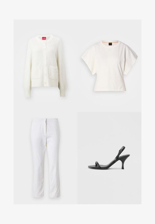 Valge karvane kardigan ümmarguse kaelusega, eestaskutega ja kuue pärlilaadse nööbiga struktuurses nööbiliistakus. Pehme, kerge materjal.; Valge lühikeste laiadte varrukatega lühike T-särk, pehme puuvillane materjal, ümar kaelus kergelt oranži ääristusega, minimaalne disain, ilma mustrite ja graafikateta.; Valged puuvillased püksid sirge lõikega, keskmise kõrgusega vöökoht ja ilma nähtavate detailide või mustriteta. Ühtlane sile tekstuur.; Mustad nahast kõrgete kontsadega sandaalid, millel on saledad, kõverad kontsad ja ristatud rihma disain. Reguleeritav pahkluu rihm. Sile tekstuur.