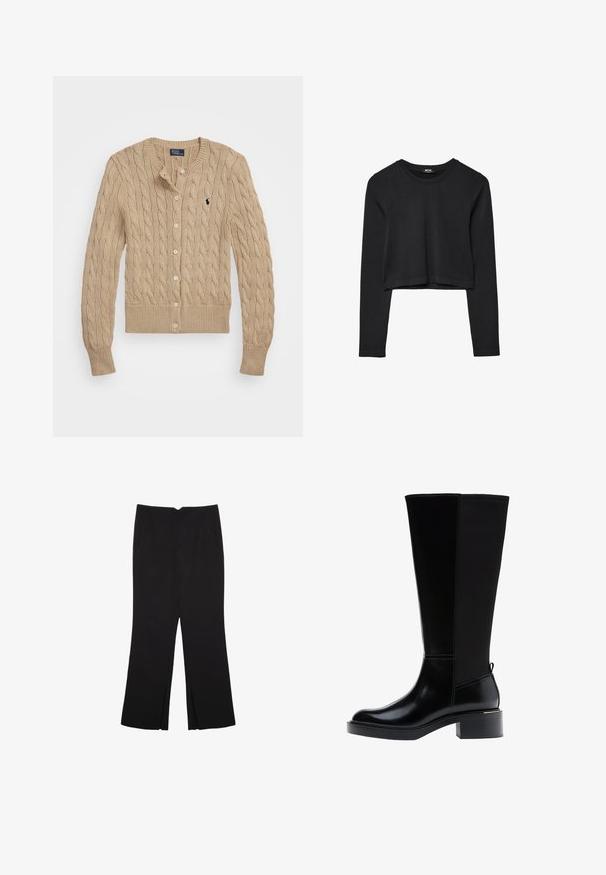 Beige pletený kardigan s kulatým límcem, zapínáním na knoflíky, žebrovanými manžetami a spodním lemem. Obsahuje malé logo na levém prsu.; Černý dlouhý rukáv cropped top s kulatým výstřihem, jednoduchý design a mírně zaoblený lem.; Černé kalhoty s rovným střihem, s předními kapsami a bočními rozparky na lemu. Vyrobené z jemné, hladké tkaniny. Vhodné na různé příležitosti.; Černá kozačka ke kolenu z hladké kůže, s výrazným prošíváním, robustním podpatkem a texturovaným zadním panelem pro větší zajímavost.
