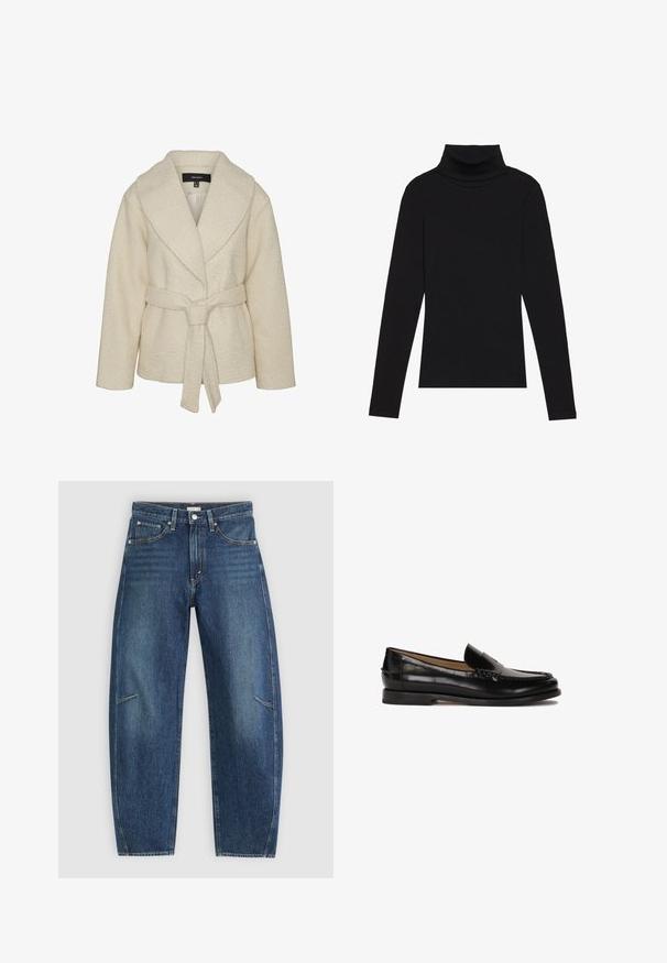 Giacca di pile color crema con colletto a scialle, vita abbinata da una cintura e tessuto testurizzato. Chiusura frontale non visibile; due tasche.; Maglione a collo alto nero a maniche lunghe, realizzato in tessuto a coste, presenta un design aderente con un collo alto e senza motivi o dettagli.; Jeans in denim blu scuro con design a gamba dritta, caratterizzati da tasche anteriori, cuciture a contrasto e una leggera texture sbiadita lungo le gambe.; Mocassino in pelle nera con punta arrotondata, design slip-on e dettagli di cucitura discreti lungo la parte superiore. Suola piatta in gomma.