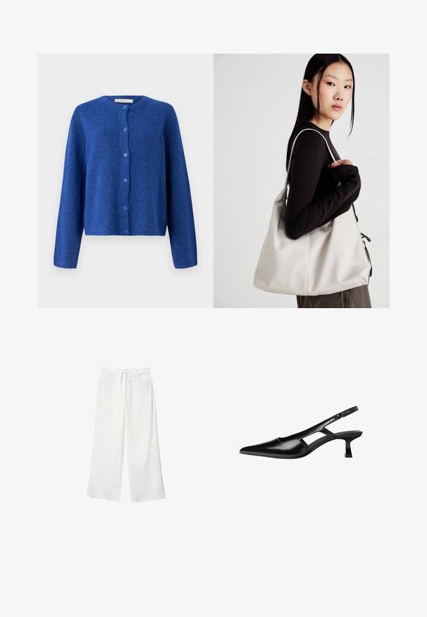 Selected Femme SLFLULU NEW NOOS - Kofta - dazzling blue; Vit ärmlös topp med rund halsringning. Tillverkad av ett mjukt tyg, har den en avslappnad passform och minimalistisk design. Inga mönster eller detaljer.; Vita vida byxor i mjukt tyg med dragsko i midjan och två framfickor. Slät textur och inga synliga mönster.; Svart lackläder slingback-klackar med spetsig tå, utskuren sidor och en liten fyrkantig klack. Slät textur med minimala accenter.; Beige handväska tillverkad av mjukt material, med en avslappnad design, sydda detaljer och två axelremmar. Lämplig för dagligt bruk.