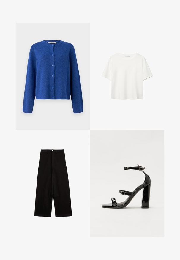 Selected Femme SLFLULU NEW NOOS - Kardigan - dazzling blue; Bílý krátký rukáv tričko vyrobené z bavlny. Má kulatý výstřih a volný střih. Hladký materiál bez viditelných vzorů nebo akcentů.; Černé široké kalhoty vyrobené z bavlny. Mají pás, přední zapínání na knoflík a žádné viditelné vzory ani akcenty.; Černé lakované sandály na podpatku se čtveratou špičkou, lýtkovými pásky a stříbrnými přezkami. Disponují masivním blokovým podpatkem pro stabilitu.