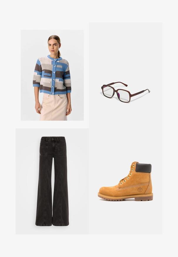 Object Cardigan - cloud dancer; To fitted tanktoppe i sort og hvid. De er lavet af ribbet bomuld og har brede stropper og rund halsudskæring. Branding på kraven.; Sorte vide ben jeans lavet af denim, med høj talje, frontlommer og tonet syninger langs sømmene.; Brune læder ankelstøvle med sort polstring, gyldne øsken og en tekstureret sål. Har et cirkulært logo på siden og synlige syninger.; Brune, rektangulære briller med gennemsigtige linser og lilla nuancer. Glat plastisk stel med lige tempelstænger og diskrete detaljer.