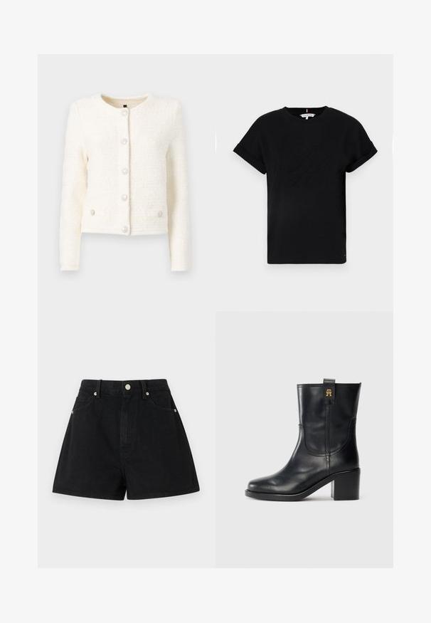 White textured cardigan with long sleeves, round neckline, and five buttons. Features two front pockets with matching button accents.; Black cotton t-shirt with rolled short sleeves, featuring an embossed logo in the center and a small flag accent on the side.; Black denim shorts with a high waist, five pockets, silver hardware, and a standard fit, featuring a smooth texture and clean finishing.; Black leather mid-calf boot with block heel and gold "TH" logo on pull tab against white background.