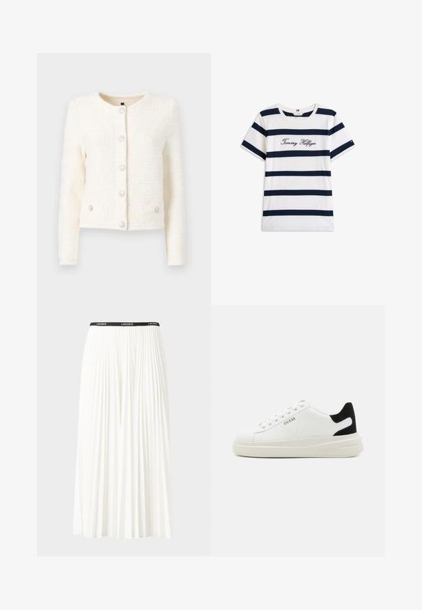 Weißer strukturierter Cardigan mit langen Ärmeln, rundem Halsauschnitt und fünf Knöpfen. Verfügt über zwei Fronttaschen mit passenden Knopfakzenten.; Baumwoll-T-Shirt mit horizontalen navy-blauen Streifen auf weißem Hintergrund. "Tommy Hilfiger" in Kursivschrift auf der Brust gestickt. Runder Halsausschnitt.; Faltenrock aus Weiß mit einem schwarzen elastischen Bund, der das "LACOSTE"-Logo trägt. Mittellanges Design mit weicher Textur.; Weiße Leder-Sneaker mit einer dicken weißen Sohle, schwarzem Wildlederakzent an der Ferse und geprägtem Logo an der Seite. Schnürdesign mit sechs Ösen.