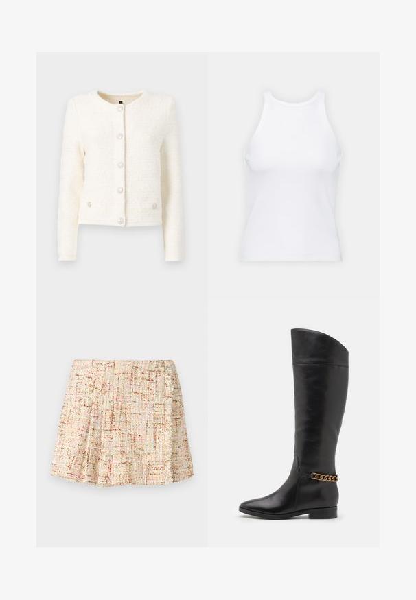 White textured cardigan with long sleeves, round neckline, and five buttons. Features two front pockets with matching button accents.; White sleeveless tank top made of ribbed fabric, featuring a rounded neckline and a fitted silhouette, with minimal seams and no embellishments.; Short, pleated skirt made of textured fabric in neutral tones with subtle specks of color. Features a fringed trim along the side.; Tall black leather boots with a sleek design, pointed toe, and a gold chain accent at the ankle. Low block heel. Smooth texture.