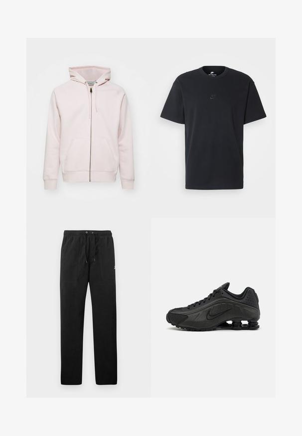 Sweatshirt cor-de-rosa claro com fecho éclair, feito de um tecido macio, com capuz, bolsos canguru e punhos e barra canelados. Textura suave, design casual.; T-shirt de algodão preto da Nike com um clássico decote redondo, mangas curtas e um logótipo em relevo discreto no peito. Textura suave.; Calças de fato de treino pretas feitas de polar, com uma cintura elástica e cordões, dois bolsos frontais e um pequeno logótipo na coxa.; Ténis de corrida pretos com um upper sintético suave, acentos perfurados, painéis laterais texturizados e uma sola distinta e elástica.