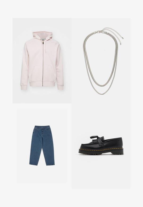 Heledu roosa tõmblukuga sviiter, mis on valmistatud pehmest kangast. Sviiteril on kapuuts, känguru taskud ning soonikkoes varrukad ja serv. Sujuv tekstuur, igapäevane disain.; Kolm üksikut valget puuvillast T-särki lühikeste varrugatega. Igal särgil on ümmargune kaelus ja väike must logo sildik vasakul küljel.; Sinised teksased, mis on lõdva lõikega, kõrge vöökohaga, viie tasku disainiga ja õmblusaktsentidega. Omab nupuga ja tõmblukuga sulgemist.; Mustmust musta loafer, millel on frantsiisi aktsent, paks must tald ja kollane õmblus servas. Tekstuuriga viimistlus.; Kolmekihiline hõbedane metallkaelakee, mis on valmistatud peentest, paindlikest kettidest kerge läikega, kinnitatud krabi sulguri ja reguleeritava ketiga.