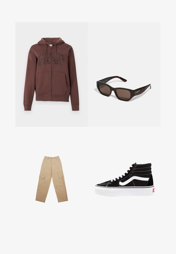Smeđa zip-up dukserica s podstavljenim kapuljačom, velikim prednjim džepovima i "GAP" natpisom u crnom leopard uzorku na prsima. Izrađena od mekog materijala.; Košulja dugih rukava s dugim gumbom, svijetloružičaste i bijele prugaste uzorke, s bočnim naborima i podesivim vezicama u struku.; Bež cargo hlače izrađene od tkanine, s dva prednja džepa i opuštenim, širokim krojem. Pojas uključuje kopčanje na dugme i zatvarač.; Crne visoke tenisice s bijelim vezicama, bijelim logotipom i kontrastnim bijelim šavovima. Imaju debeli bijeli potplat i teksturiranu nubuk gornjište.; Naočale od kornjače s pravokutnim smeškim lećama. Sjajni plastični okvir sadrži zlatni "vogue" brend na strani.; Meka mekana smeđa torba hobo stila s jednim širokim remenom i zakrivljenim otvaranjem na vrhu, prikazana na bijeloj pozadini.