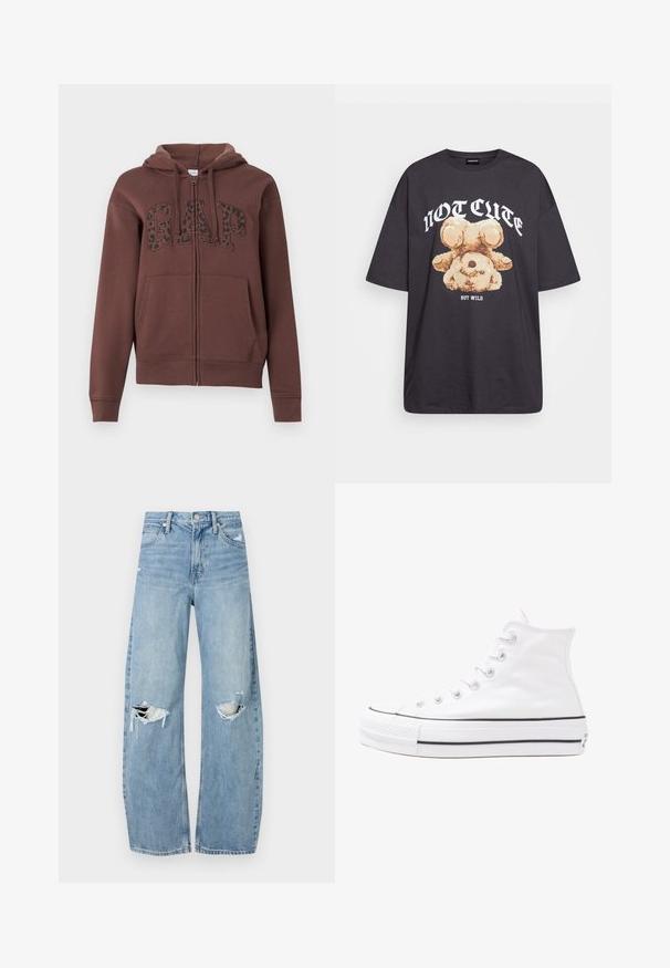 Sudadera con cremallera color marrón, con capucha forrada, grandes bolsillos frontales y "GAP" en estampado de leopardo negro en el pecho. Fabricada con tejido suave.; Camiseta negra de gran tamaño con un gráfico de un oso y el texto "NO LINDO SINO SALVAJE" en letras blancas y en negrita. Material de algodón.; Vaqueros de mezclilla de tiro alto en azul claro. Tienen piernas anchas, dos áreas desgastadas en las rodillas y un estilo clásico de cinco bolsillos.; Zapatilla de lona alta blanca con suela de goma negra, puntera de goma frontal y seis ojetes para los cordones, que presenta un diseño limpio y minimalista.