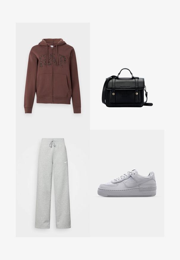 Brązowa bluza z kapturem zapinana na zamek, z podszewką w kapturze, dużymi kieszeniami z przodu oraz napisem "GAP" w czarnym wzorze panterki na klatce piersiowej. Wykonana z miękkiego materiału.; Biała bawełniana koszulka z klasycznym okrągłym dekoltem, krótkimi rękawami i dopasowanym krojem. Brak widocznych wzorów lub akcentów.; Szare dresy z elastycznym pasem, szczegóły ze sznurkiem i małym białym logo Nike na lewej udzie. Miękka tkanina, luźny krój.; Szare sneakersy Nike Air Force 1 z perforowanym noskiem, gładką skórzaną cholewką, grubą podeszwą oraz wytłoczonym detalem 'AIR' na pięcie.; Czarna skórzana torebka na ramię o wyraźnej strukturze, z górnym uchwytem, regulowanym paskiem, przednią klapą i metalowymi akcentami. Posiada logo na przodzie.