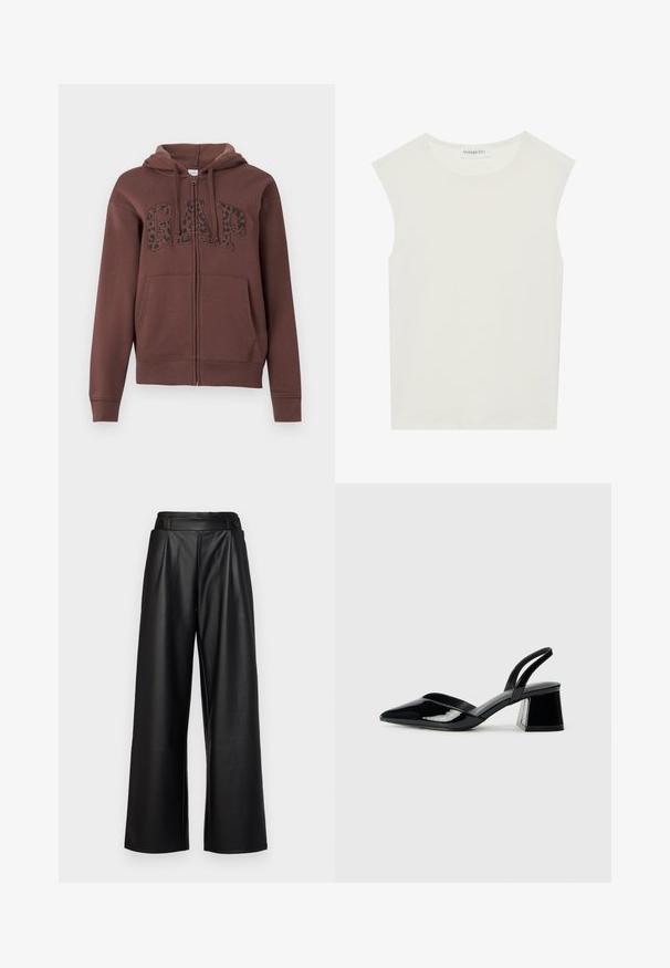 Brun zip-up hoodie med fodrad huva, stora framfickor och "GAP" i svart leopardtryck på bröstet. Tillverkad av mjukt tyg.; Vit ärmlös topp med rund halsringning. Tillverkad av ett mjukt tyg, har den en avslappnad passform och minimalistisk design. Inga mönster eller detaljer.; Svarta vida läderbyxor med hög midja, veck och två runda knappar framtill för stängning.; Svarta lackläder slingback klackar med spetsig tå och geometrisk klack. Har en elegant, minimalistisk design och slät yta.