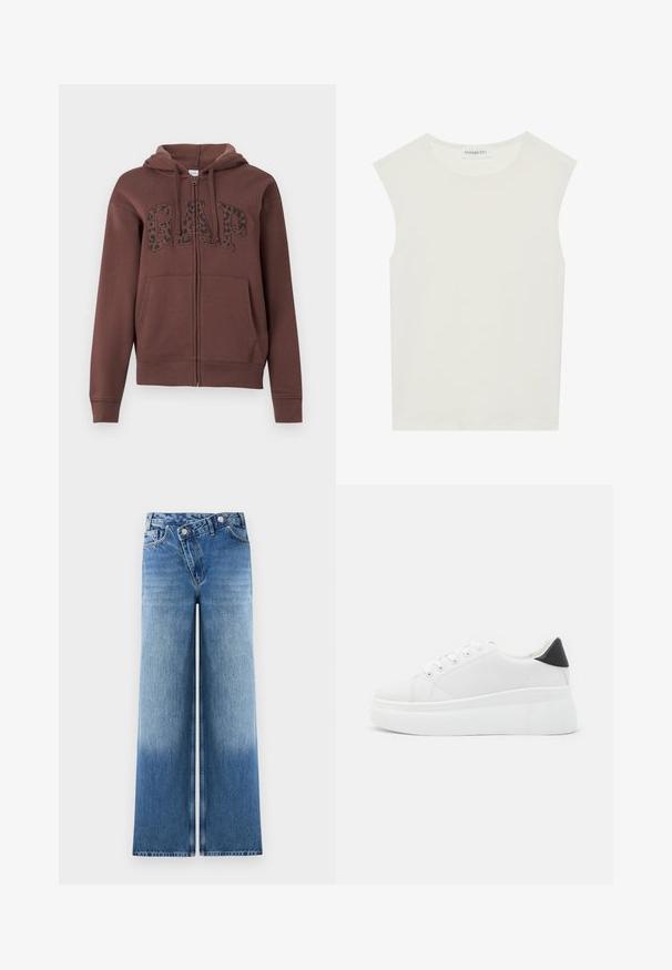 Barna cipzáras kapucnis pulóver bélelt kapucnival, nagy elülső zsebekkel és fekete leopárdmintás "GAP" felirattal a mellkasán. Puha anyagból készült.; Fehér ujjatlan felső, kerek nyakkivágással. Simább anyagból készült, laza fazonnal és minimalista kialakítással rendelkezik. Nincsenek minták vagy díszítések.; Világoskék, bő szárú farmernadrág, elhalványodott mosással, klasszikus öt zsebes kivitelben, fémből készült gombokkal a deréknál.; Fehér platform sportcipők sima szintetikus anyagból, lekerekített orral, fűzős kialakítással és texturált gumitalppal. Fekete sarokdísz.