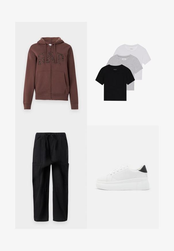 Barna cipzáras kapucnis pulóver bélelt kapucnival, nagy elülső zsebekkel és fekete leopárdmintás "GAP" felirattal a mellkasán. Puha anyagból készült.; Három rövidujjú póló készlet fekete, szürke és fehér színben. Pamutból készült, kerek nyakú, egyszerű, egyszínű dizájnnal.; Fekete pamut cargo nadrág laza szabással, rugalmas derékkal és több oldalsó zsebbel a praktikus használat érdekében.; Fehér platform sportcipők sima szintetikus anyagból, lekerekített orral, fűzős kialakítással és texturált gumitalppal. Fekete sarokdísz.