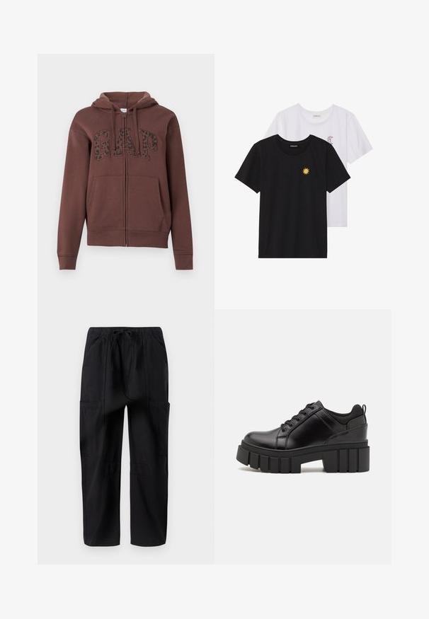 Barna cipzáras kapucnis pulóver bélelt kapucnival, nagy elülső zsebekkel és fekete leopárdmintás "GAP" felirattal a mellkasán. Puha anyagból készült.; Fekete és fehér T-shirtok, kerek nyakkivágással, rövid ujjakkal. A fekete pólón sárga nap hímzés található; a fehér póló lila félhold díszítéssel rendelkezik.; Fekete pamut cargo nadrág laza szabással, rugalmas derékkal és több oldalsó zsebbel a praktikus használat érdekében.; Fekete bőr platform cipők vaskos blokk sarkakkal, kerek orral és hagyományos fűzős kialakítással. Simára csiszolt felület és minimális részletezés jellemzi.