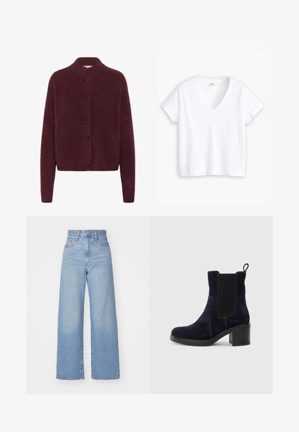 Burgundy kötött kardigán magas gallérral, hosszú ujjakkal és fekete gombokkal az elején. Puha, texturált anyagból készült.; Fehér pamut póló, V-kivágással, rövid ujjakkal és egyenes alsó szegéllyel. Puha tapintás, minimalista dizájn, minta vagy díszítés nélkül.; Világoskék, magas derekú, bő szárú farmernadrág, elülső gombbal és cipzárral, elülső és hátsó zsebekkel, fehér háttérrel.; Sötétkék velúr bokacsizma elasztikus oldalpanellel, kerek orral és tömbsarkal. A texturált szövet és a sima talp kontrasztot ad.