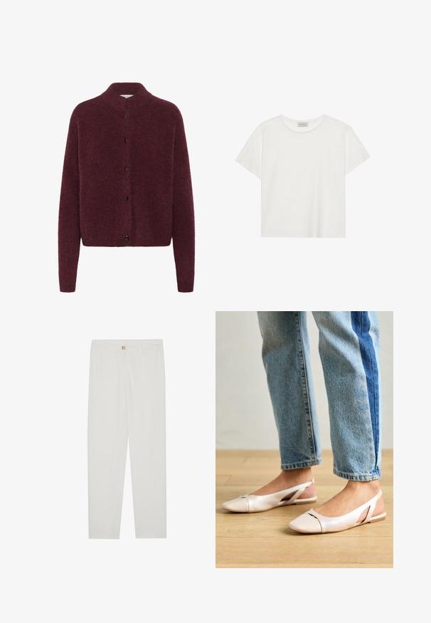 Burgundy-neulejakku, jossa on korkea kaulus, pitkät hihat ja mustat napit edessä. Valmistettu pehmeästä, tekstuuripintaisesta kankaasta.; Valkoinen lyhythihainen T-paita, joka on valmistettu pehmeästä puuvillasta. Siinä on pyöreä kaula-aukko ja rento istuvuus. Siisti muotoilu ilman näkyviä kuvioita tai yksityiskohtia.; Valkoiset, muotoon ommellut housut, joissa on suora lahjerakenne, napillinen sulkeminen, vyölenkit ja sivutaskut; sileä kangas.; Vaaleanpunaiset slingback-ballerinat, joissa on terävä kärki, valmistettu sileästä nahkamaisesta materiaalista. Sivujen leikkuuyksityiskohdat ja tasapohja.